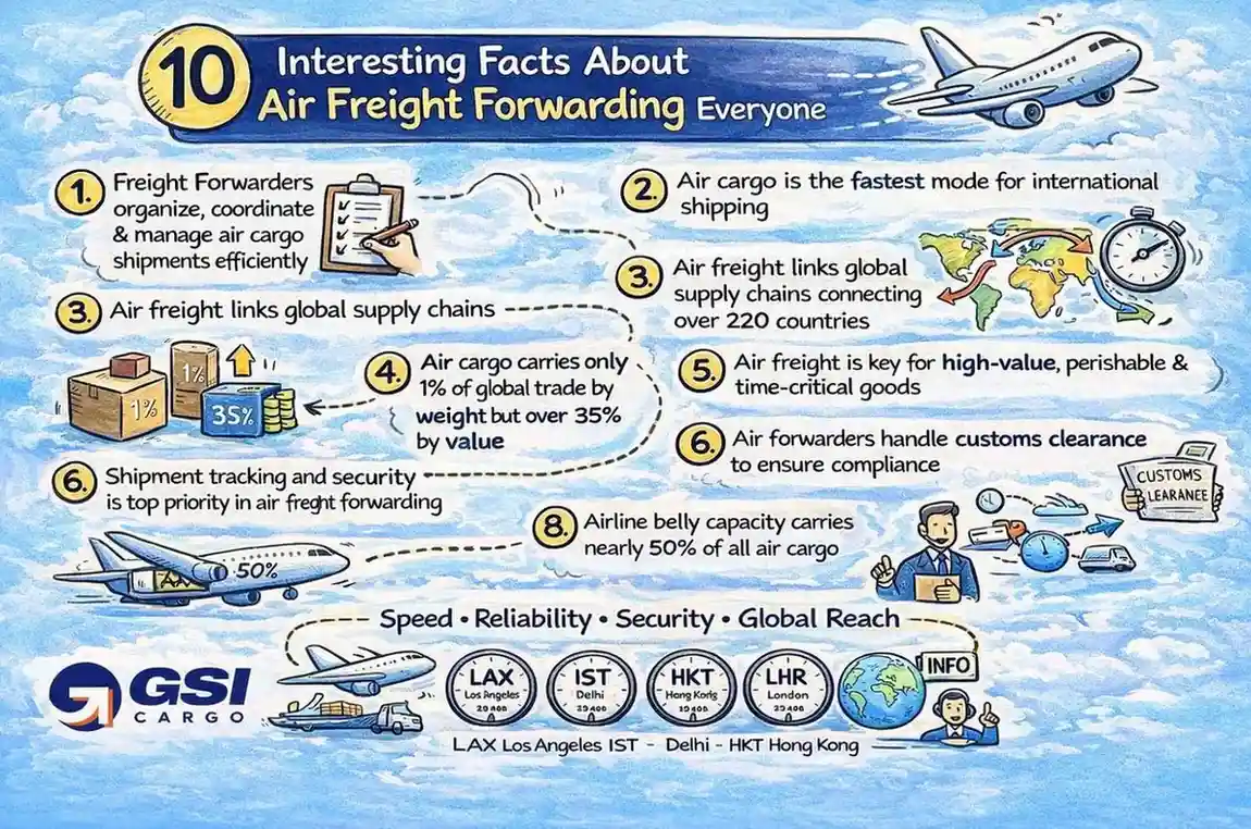 10 interesting facts about air freight forwarding including global shipping speed, cargo value, customs clearance, and logistics benefits