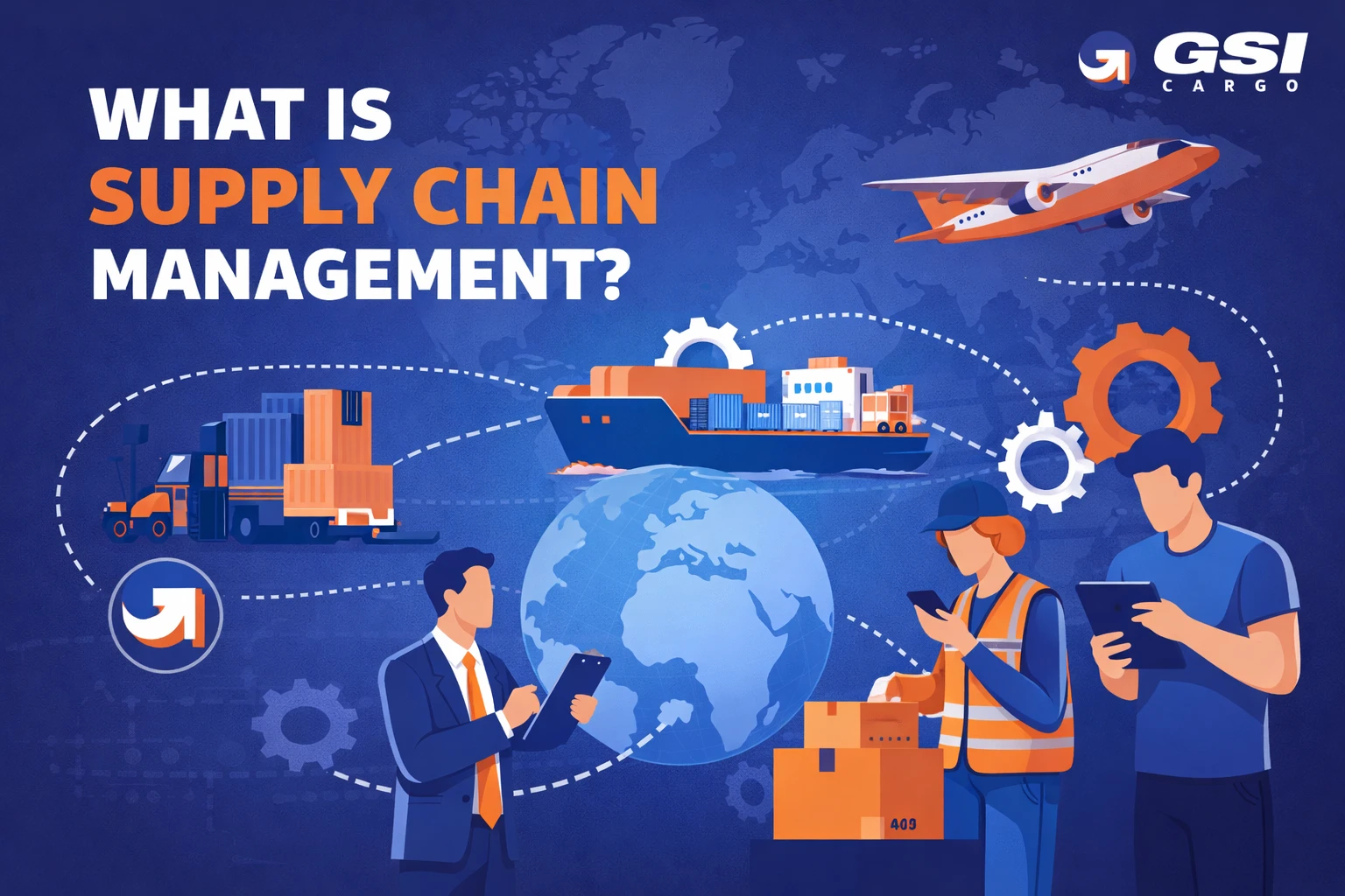 Supply chain management process illustration showing global logistics, freight transportation, and cargo coordination