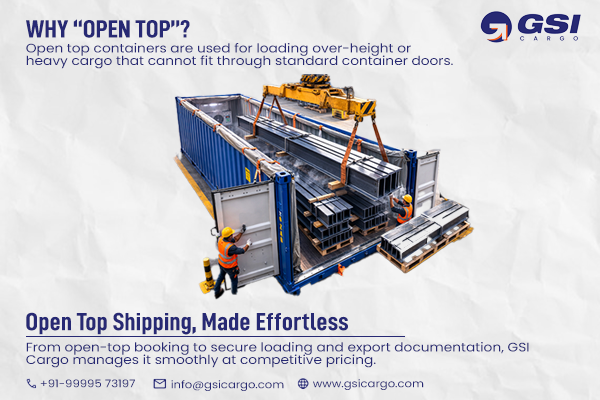 Open top container loading oversized cargo with crane for shipping logistics