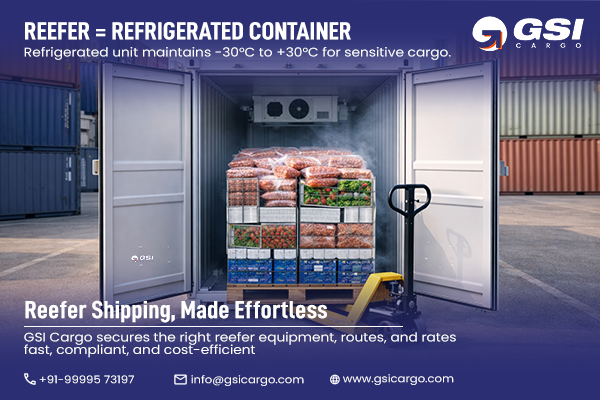 Reefer container with temperature-controlled cargo for perishable goods shipping
