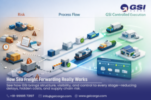 International sea freight forwarding process flow with risk, shipping stages, and controlled logistics execution