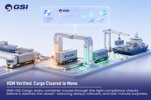 Illustration of VGM verification in shipping with cargo containers, truck, scanning system, and cargo ship by GSI Cargo.