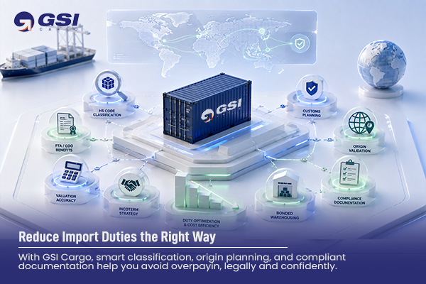 Infographic showing legal ways to reduce import customs duties in India through HS code classification, FTAs, bonded warehousing, customs planning, and compliance support by GSI Cargo.