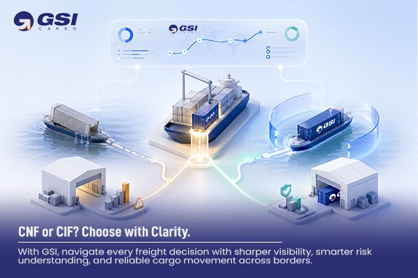 Illustration explaining CNF vs CIF shipping terms with cargo ships, containers, warehouses, and logistics network visualization by GSI Cargo.