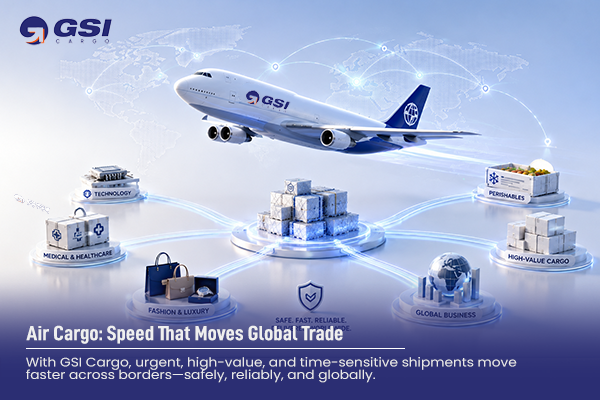 Air cargo aircraft transporting medical supplies, perishables, fashion goods, and high-value cargo for fast global trade operations.