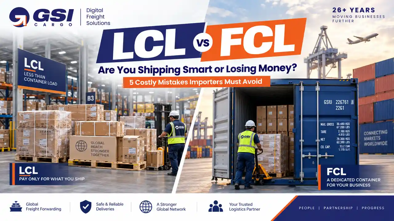LCL vs FCL shipping comparison showing shared cargo pallets and a dedicated shipping container at a freight logistics warehouse.